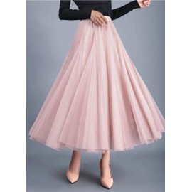 FEOYA Women's Maxi Tulle Skirt Tutu Princess Skirt Pleated Midi Petticoat High Waist A Line Large Swing Ankle Length Party Skirt Pink