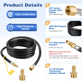 WADEO 12 FT Propane Quick Connect Hose for RV to Gas Grill, Propane Quick Connect Fittings for 1 LB Throwaway Bottle Connects 1 LB Portable Appliance to RV 1/4" Female Quick Disconnect