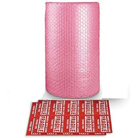 Anti-Static Bubble Cushioning Wrap Rolls, 3/16" x 12" x 15' ft Total, Perforated Every 12" Included 10 Fragile Stickers for Packaging, Shipping, Mailing [Pink]
