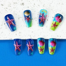 Shell Starfish Press on Nails Long Colorful Shell Pattern Design Ocean Acrylic False Nail Ballet Artificial Stick on Nail Full Cover Glossy Blue Gradient Artificial Fingernail Glue on Nails for Women