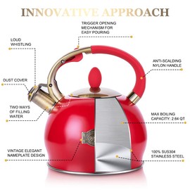 SUSTEAS Stove Top Whistling Tea Kettle - Food Grade Stainless Steel Teakettle Teapot with Cool Touch Ergonomic Handle, With 1 Silicone Pinch Mitt Included, 2.64 Quart(RED)