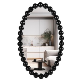 WRTRENDS Oval Round Wall Mirror - 30 Inch Decorative Framed Bathroom/Living Room Accent Mirror with Beaded Ball Trim - Vintage Modern Style (Black/White/Gold) (Black)