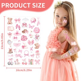 Ballerina Princess Temporary Tattoos - 296 Pcs Conquette Bows Birthday Party Decorations, Ballet Party Favors Supplies for Dancer Girls (8 Sheets)