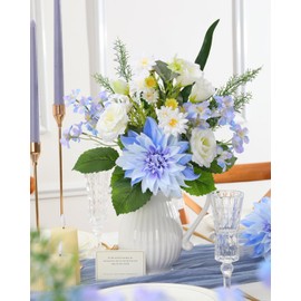 Nubry Fake Artificial Flowers Bouquet,Faux Silk Dahlia Flower Bouquet Floral Arrangement Fake Plant Decor for Tables Centerpieces,Home Office Party Wedding Decor(Blue)