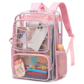 Yusudan Clear Backpack for Girls Women, Heavy Duty Transparent School Backpacks See Through PVC Bookbag for College Work Security Travel (Light Pink)