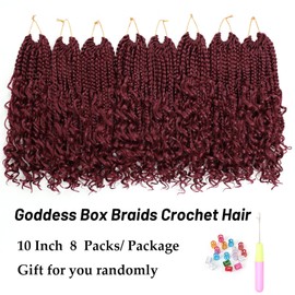 Eerya 8 Packs Boho Box Braids Crochet Hair for Women 10 inch Burgundy Goddess Box Braids Pre-looped Bohemian Crochet Box Braids With Curly Ends Synthetic Crochet Hair Extensions (10 inch, Burgundy)
