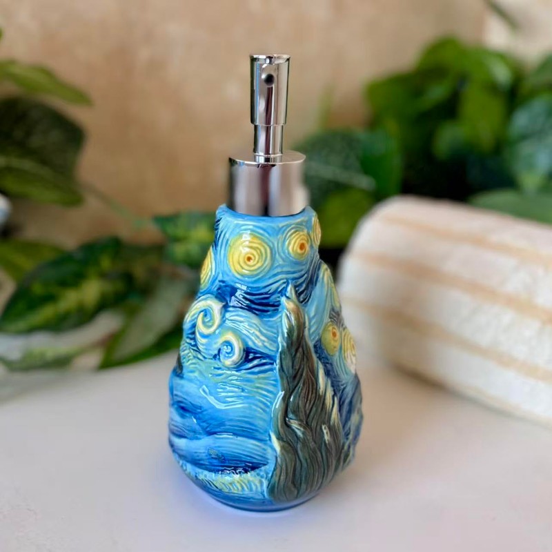 FORLONG Ceramic Soap Dispenser, 3D Hand-Painted Starry Sky Lotion Dispenser,