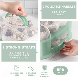 MosJos EXTRA TALL DOME 24 Cupcake Carrier, Green Cupcake Holder Carries 24 Cupcake Storage Container, Muffin Traveler Two Tier Stand Reusable Cupcake Box