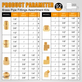 Ailbiuko 92PCS Brass Pipe Fittings Assortment Kit NPT Adapter,Hex Nipple,Reducer Bushing,Hex Coupling,90 Degree & 45 Degree Barstock Street Elbow,Street Tee,Bulk Head Fittings Kits