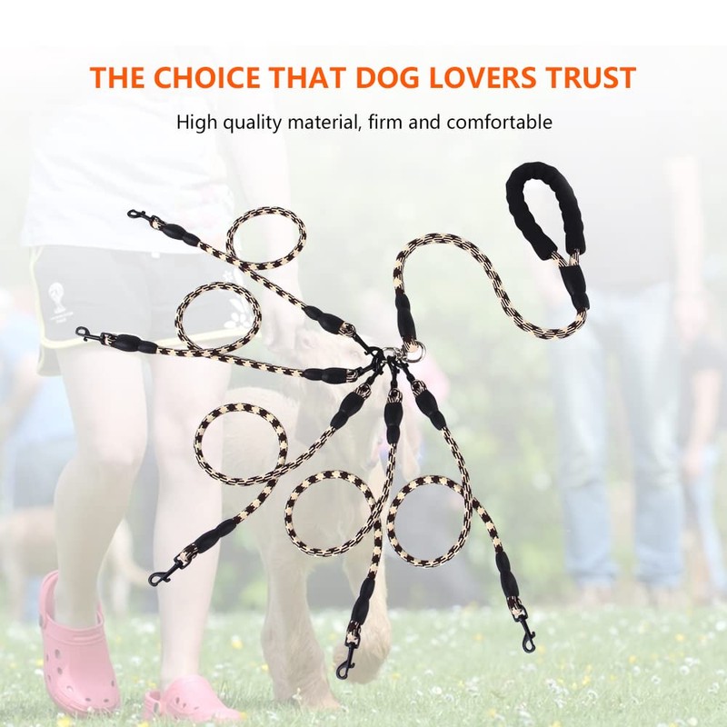 Five Dog Leash,Comfortable Five Dog Leash with Reflective,360 Swivel No