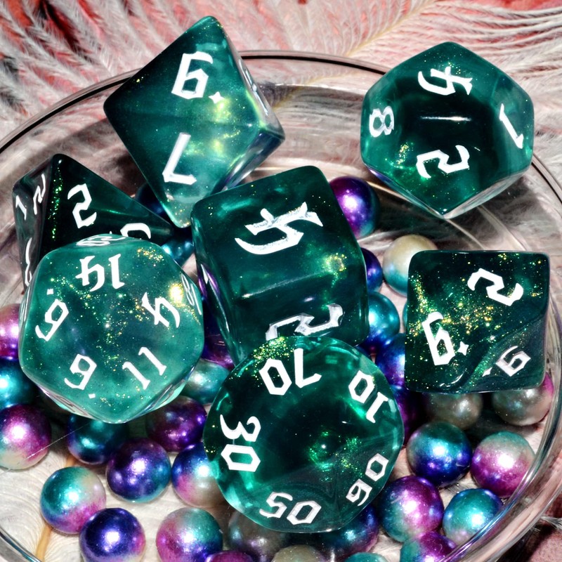 Galaxy Dice Set| Dark Green Mix Cyan Crystal DND Dice