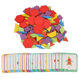 Wooden Pattern Blocks, 155Pcs Tangram Shape Puzzle Set Color Sorting Stacking Game Geometric Preschool Manipulative Brain Teaser Toys Gift for Kids