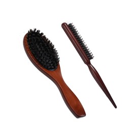 GXGM Pack of 2 Boar Bristle Brush Sleek Bun Brush Wooden Hair Brush Boar Bristle Hair Brush Tail Comb Professional Reduces Hair Breakage and Frizz