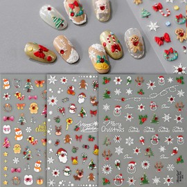 Christmas Nail Stickers Decals Cute Snowflake Santa Bow Nail Stickers for Nail Nart 5D Embossed Nail Art Stickers Christmas Tree Nail Decal with Diamond Design DIY Nail Art Decoration for Women 3Pcs