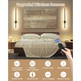 BEMOKURI Battery Operated Wall Sconce Set of Two, 2 Extra Removable Battery Compartments Included, 3000K-6500K Dimmable Wireless Wall Light with Remote Control, for Bedroom, Living Room, Hallway