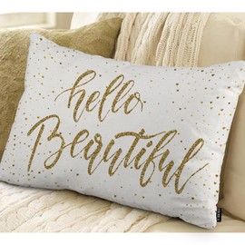 EKOBLA Hello Beautiful Pillow Cases Inspirational Quote Girly Golden Cotton Linen Square Throw Waist Pillow Case Decorative Cushion Cover Pillowcase Sofa Lumbar 12x20 Inches