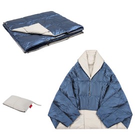ROSE FEATHER Premium Down Wearable Blanket, Reversible Down Shawl Blanket, Sleeves Free, Waterproof, Travel Throw Poncho for Office, Airplane, Outdoor, Home, Blue-Gray (31Inchesx55Inches)