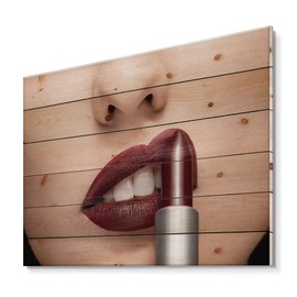 DesignQ Woman Applying Red Lipstick On Lips Modern & Contemporary Wood Wall Decor, Red Wood Wall Art, Large People Wood Wall Panels Printed On Natural Pine Wood Art