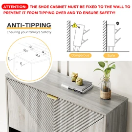 oakvivo Shoe Cabinet with 2 Flip Drawers, 31.5" Hidden Shoes Storage Cabinet with Fluted Panel, Freestanding Shoe Cabinet Organizer with Wooden Legs, Adjustable Shelves, Narrow Shoe Rack Cabinet, Grey