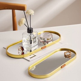 I-LAN Long Narrow Golden Mirror Rolling Metal Decorative Tray, 12 Inch Stainless Steel Shiny Mirror Serving Tray with Low Edge, Oval Tray for Jewelry, Paper Hand Towel, Bathroom, Dinning Room, Desktop