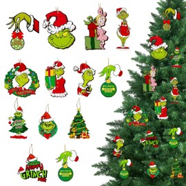 Green Monster Christmas Tree Decorations 24PCS Wooden Christmas Hangings Ornaments for Christmas Tree Christmas Decorations Indoor Home Party Decor (B)