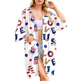 MAKABO Women Colorful Kimono Cover Up Independence Day American Flag Kimono Cardigan 4th of July Patriotic Swimwear Bikini