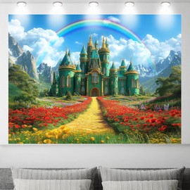 Emerald Castle Backdrop 10 x 8 ft, Green Castle Runner Yellow Brick Road Background Spring Fairy Castle Rainbow Backdrop Party Decorations Photo Props Banner