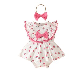 UUAISSO Baby Girl Summer Clothing Lace Romper Strawberry Print Sleeveless Bodysuit Dress Headband Sets Newborn Outfits, pink strawberry, 0-3 months