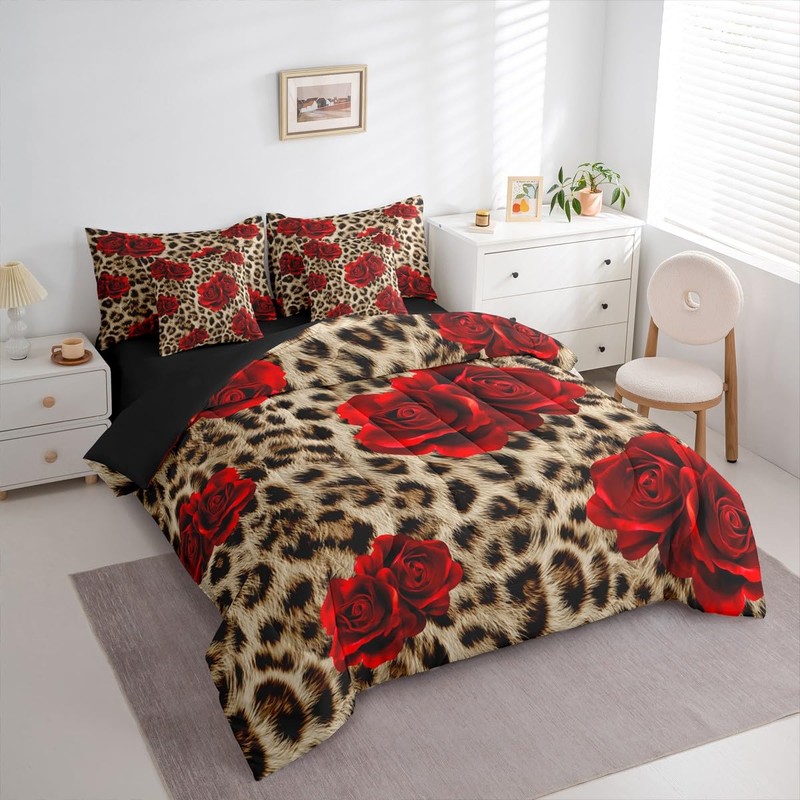 Erosebridal Leopard Print King Size Comforter Set, Red Rose 7-Piece