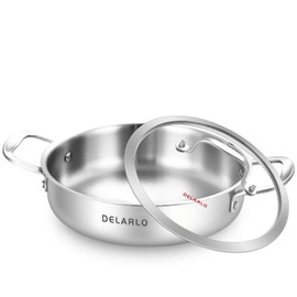 DELARLO Tri-Ply Stainless Steel 3QT Saute Pan With Lid, 12 Inch Deep Frying Pan, Induction Large Skillet, Cooker Pan, Dishwasher & Oven Safe