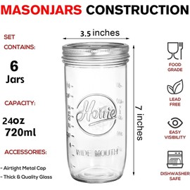 Tebery 6 Pack Wide Mouth Home Glass Mason Jars with Airtight Lids and Bands, 24-Ounce Canning Glass Jars for Canning, Fermenting, Pickling, Meal Prep, Overnight Oats, Jam, Jelly