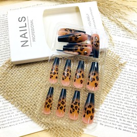 LWTZLW French Tip Press on Leopard Print Nails Long Square Fake Nails Leopard Print French Tip Full Cover Glue on Nails Black Coffin Acrylic False Nail Glossy Artificial Nail Reusable for Women