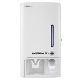 GotFreshBreath Commercial Mouthwash Dispenser with Cup Holder – Standing or Wall-Mounted, Slim, Commercial Mouthwash Dispenser with 100 Cups & 50 Oz. Alcohol-Free Mouthwash (White)