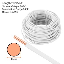 MECCANIXITY 75 Feet Electrical Wire Insulated Solid Copper 12 AWG Hook Up Wire Cable THHN Wire Residential, Industrial, Grounding, Electrical Rated for 600 Volts, UL Listed, White