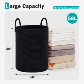 Cotton Rope Laundry Hamper by YOUDENOVA, 58L - Woven Collapsible Laundry Basket - Clothes Storage Basket for Blankets, Laundry Room Organizing, Bedroom Storage, Clothes Hamper – Black