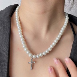 Inateannal Vintage Pearl Necklaces Silver Cross Pendant Necklaces White Pearl Chain Necklace Cz Crucifix Choker Necklace Jewelry for Women and Girls
