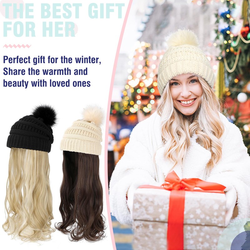 Hat Wig Beanie Hat with Hair Long Wavy Extensions Knit