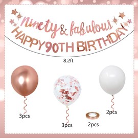 DEARLIVES 90th Birthday Decorations Include Rose Gold Ninety & Fabulous Banner,Happy 90th Birthday Banner Sash Ribbon and Balloons for Women Party Birthday Decoration (90th Birthday)