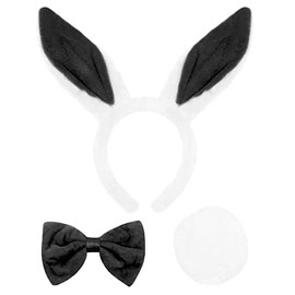 Adults Bunny Set - Pack of 48 - White Rabbit Ears + Black Bowtie + Rabbit Tail - Plush Bunny Wonderland Easter Fancy Dress Costume Accessory Set