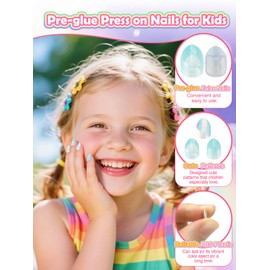 TOROKOM Press on Nails for Kids, 72Pcs 3Pack Fake Nails for Kids Pre-glue Full Cover Blue Glitter Gradient Bear Cat Flower Nails Sets Gifts for Girls 8-12 Years