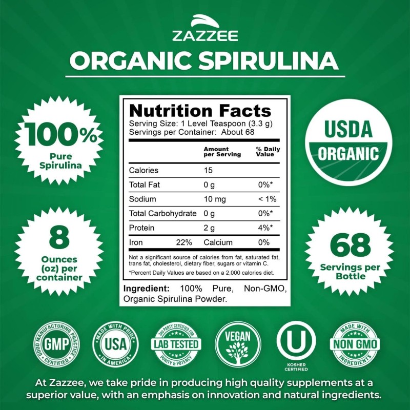 Zazzee Organic Spirulina Powder, 8 Ounces, USDA Certified, 68 Servings,