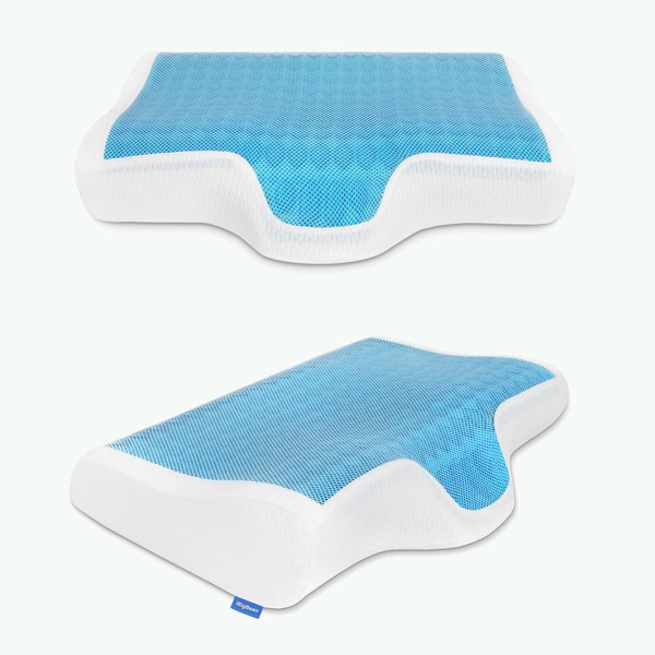 Cooling Gel Memory Foam Pillow - Cervical Neck Pillow for Pain Relief Sleeping - Ergonomic Contour Pillow Top Curve Support for Side Back Stomach Low Sleepers - Washable Pillowcase - 2 Height