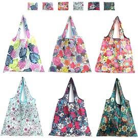 Ausein Bolsas Reutilizables de 6 Piezas, Bolsa Plegable de Poliéster de Gran Capacidad, Bolsas de Tela Ecologicas para Supermercado para Frutas, Verduras y Comestibles, Lavable a Máquina, 46 x 66cm