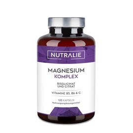 Nutralie Magnesium and Vitamin B5, B6 and C – Magnesium Bisglycinate and Magnesium Citrate 100% Bioavailability – 120 Capsules, 108 g