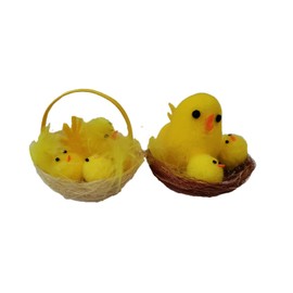 Shop4allsorts Set Of 2 Mini Easter Chicks In Nest Easter Bonnet Basket Decoratios Cute Fluffy Chicks 6cm