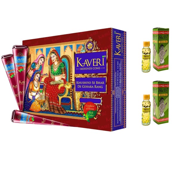 Kaveri Mehendi Cones Herbal Pure Leaves of Natural Henna for Hand Design on Festivals & Special Occasions with Free Mehandi Oil 12ml (12 Cones Pack of 1)