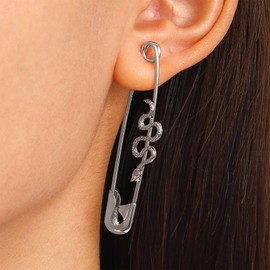Allereya Punk Snake Safety Pin Earrings Paper Clip Stud Earrings Silver Snake Earrings Safety Pin Hoop Earrings Brooch Stud Pin Earrings Jewelry for Women