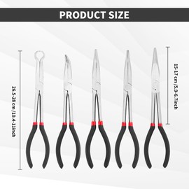 KEJJNYER 11 Inch Long Needle Nose Pliers Set, 5 Pack Long Reach Pliers Set, Straight Needle Nose Pliers, 25 Degrees, 45 Degrees, 90 Degrees Bent Nose Pliers and Round Pliers Set, Black Rubber Grip
