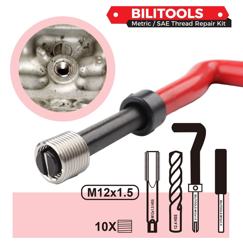 BILITOOLS M12x1.5 Thread Repair Kit, HSS Drill Helicoil Repair Kit