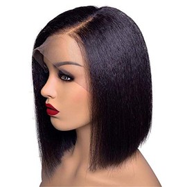 12 Inch Yaki Straight Human Hair Bob Wig with Baby Hair Pre plucked Frontal 130% Density Kinky Straight Lace Front Wigs for Black Women Undetectable HD Transparent Lace